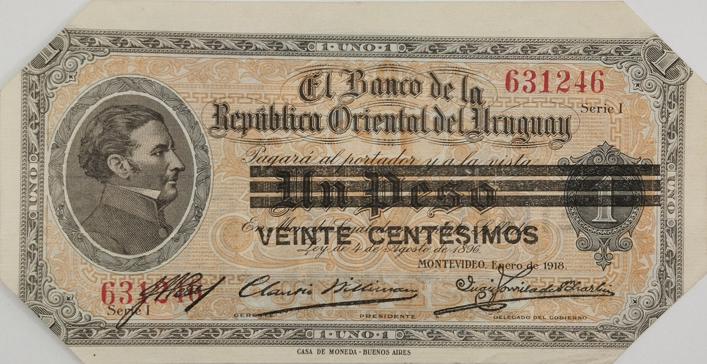 Uruguay - 1918 - 20 Centésimos, Sobre 1 Peso - Banco de la República Oriental del Uruguay