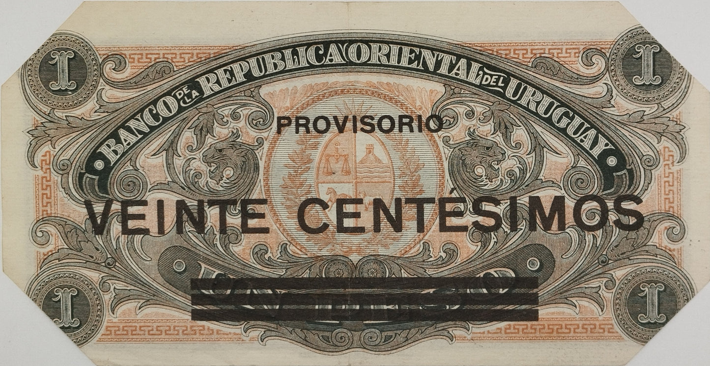 Uruguay - 1918 - 20 Centésimos, Sobre 1 Peso - Banco de la República Oriental del Uruguay