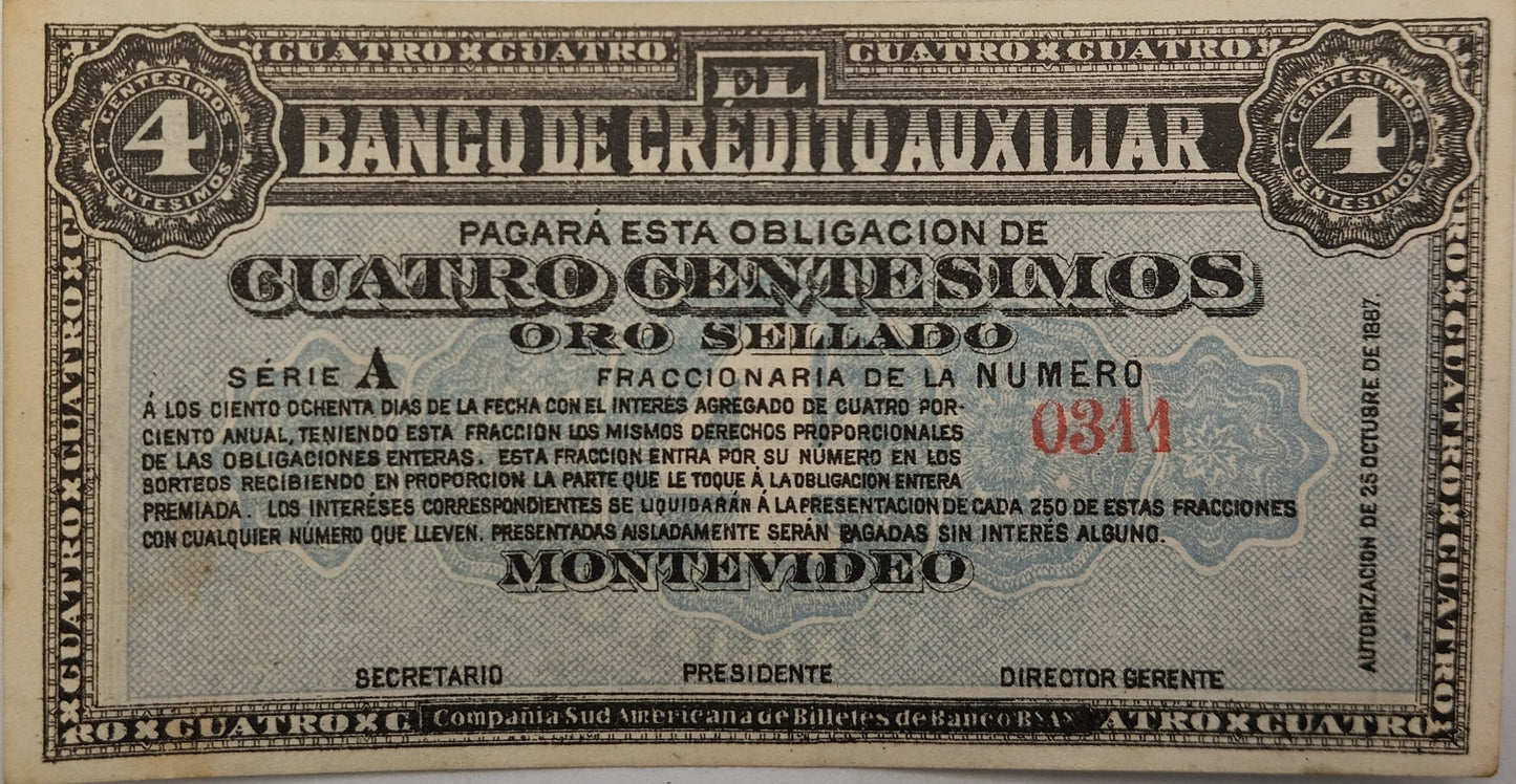 Uruguay - 1887 - 4 Centésimos - Banco de Crédito Auxiliar