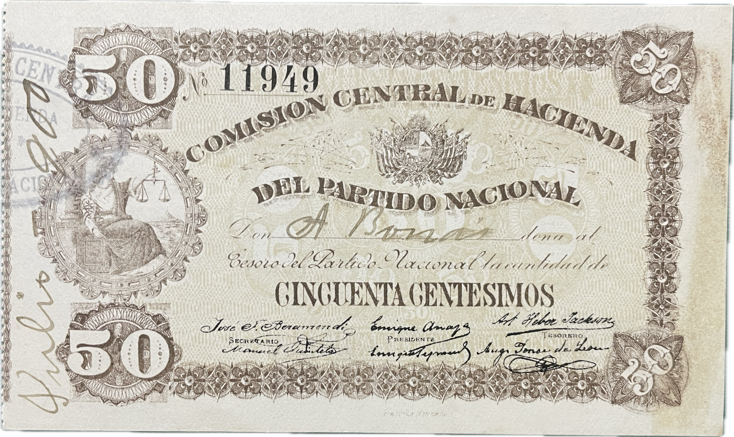 Uruguay - 1907 - 50 Centésimos - Comisión Central de Hacienda del Partido Nacional