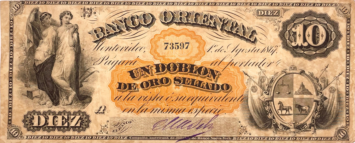 Uruguay - 1867 - 10 Pesos - Banco Oriental - Serie A