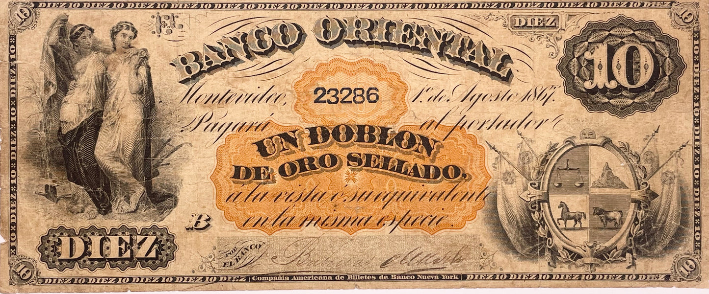 Uruguay - 1867 - 10 Pesos - Banco Oriental - Serie B - Dos Firmas