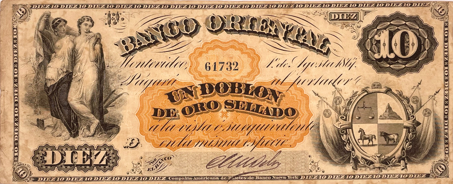 Uruguay - 1867 - 10 Pesos - Banco Oriental - Serie D