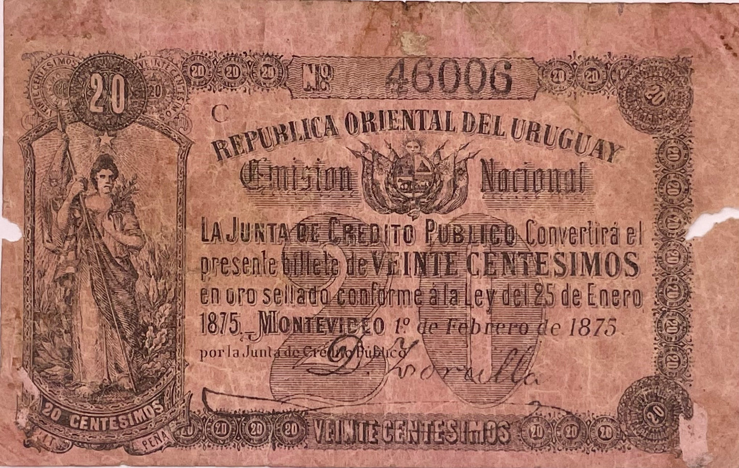 Uruguay - 1875 - Veinte Centésimos - Junta de Crédito Público