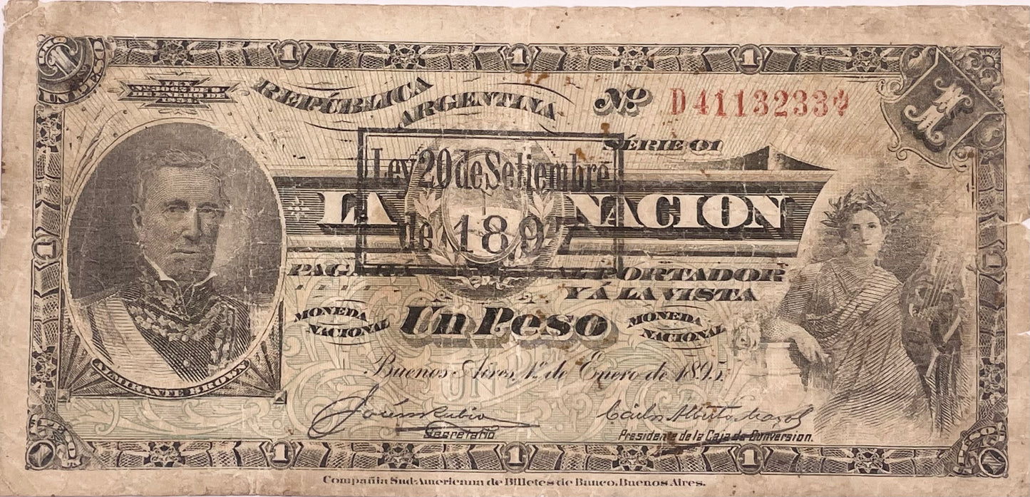 Argentina - 1895 - 1 Peso - Remarcado Ley 20 de Septiembre de 1897