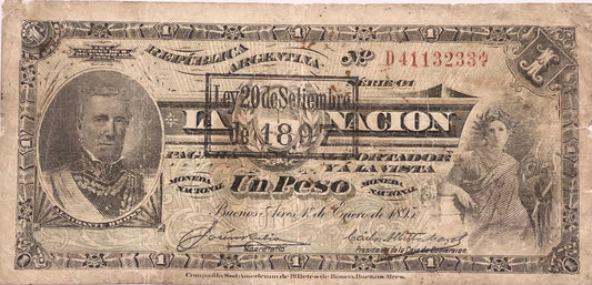 Argentina - 1895 - 1 Peso - Remarcado Ley 20 de Septiembre de 1897
