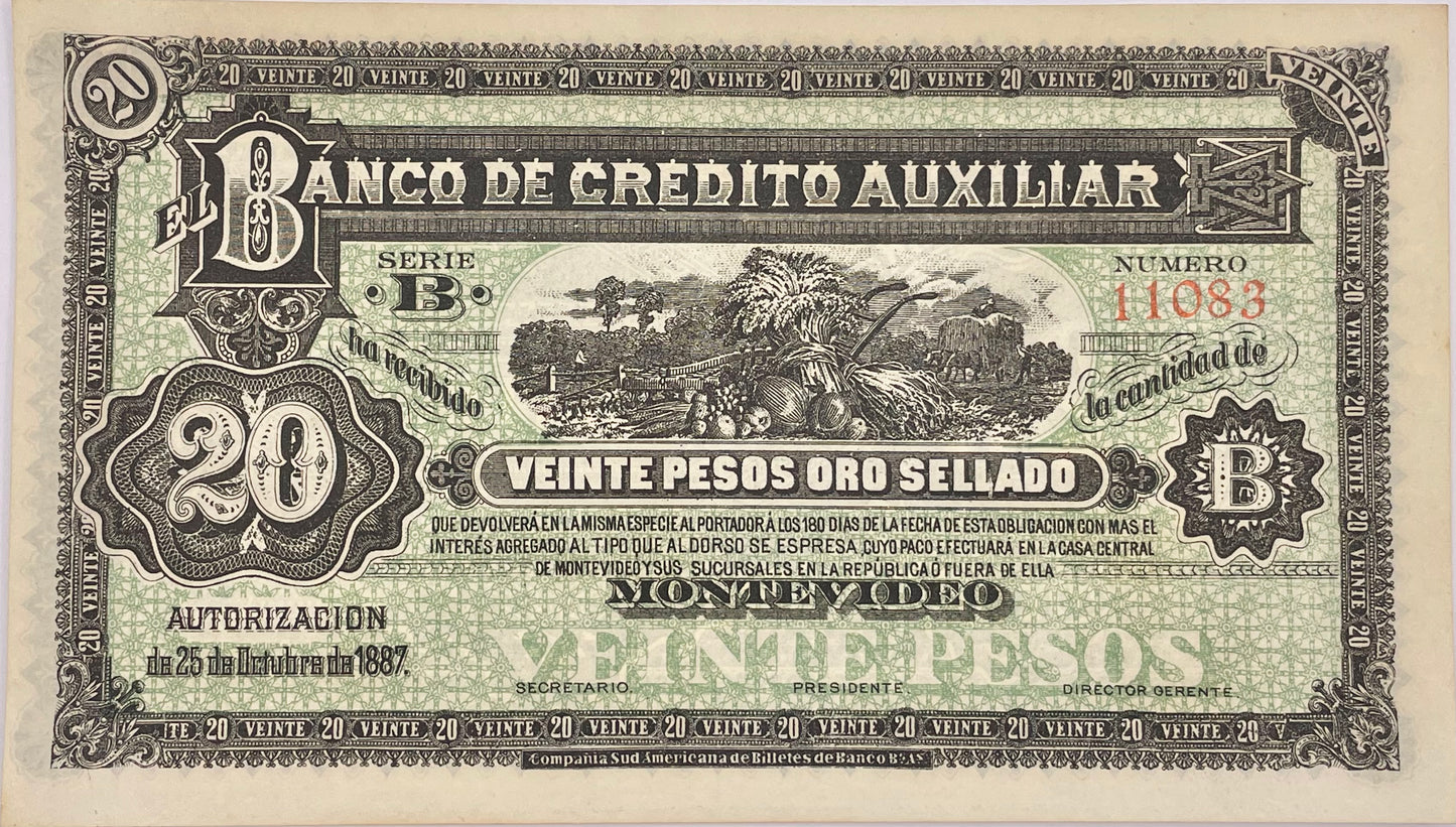 Uruguay - 1887 - 20 Pesos - Banco de Crédito Auxiliar