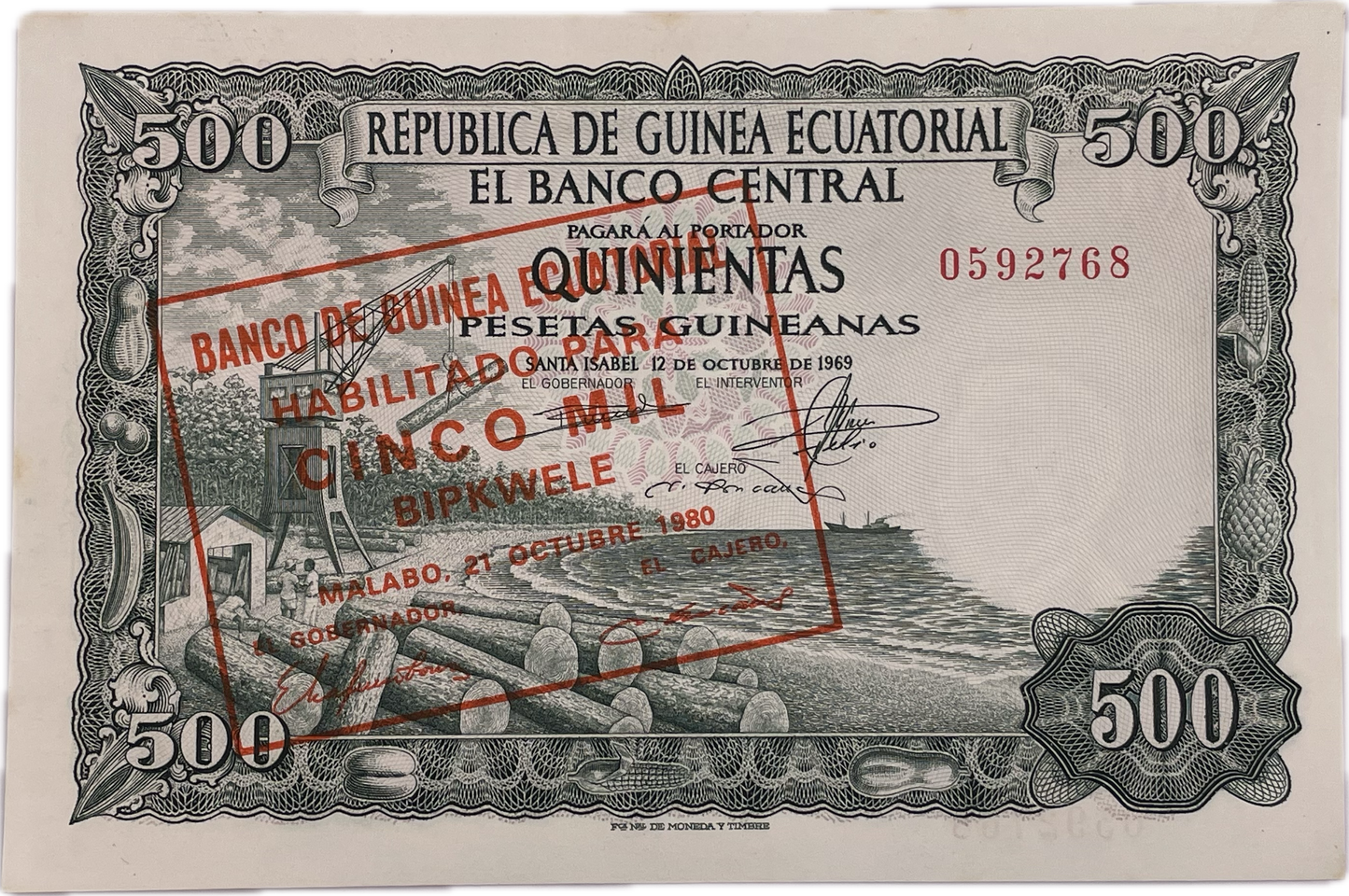 Guinea Equatorial - 1980 - 500 Pesetas - Resellado 5000 Bipkwele - Sin Circular