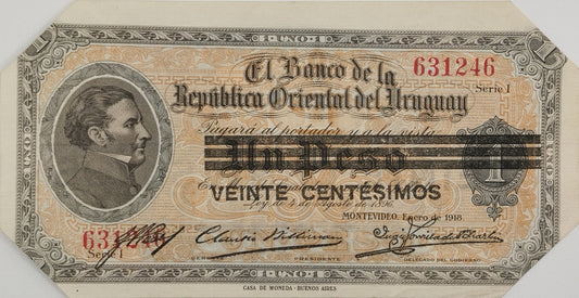 Uruguay - 1918 - 20 Centésimos, Sobre 1 Peso - Banco de la República Oriental del Uruguay