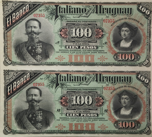 Uruguay - 1887 - 100 Pesos - Plancha de 2 billetes - El Banco Italiano