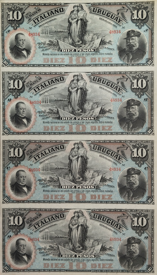 Uruguay - 1887 - 10 Pesos - Plancha de 4 billetes - El Banco Italiano de Uruguay