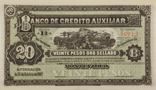 Uruguay - 1887 - 20 Pesos - Banco de Credito Auxiliar - Sin Circular