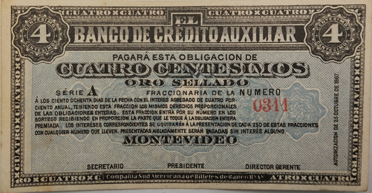 Uruguay - 1887 - 4 Centésimos - Banco de Crédito Auxiliar