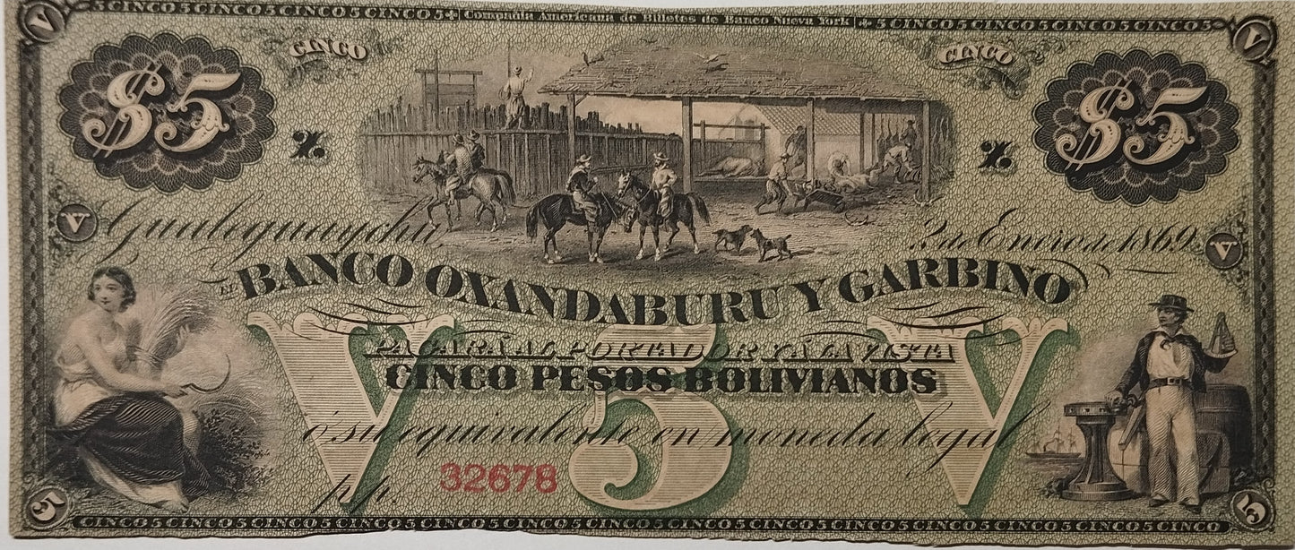 Argentina - 1869 - 5 Pesos Bolivianos - Banco Oxandaburu y Garbino