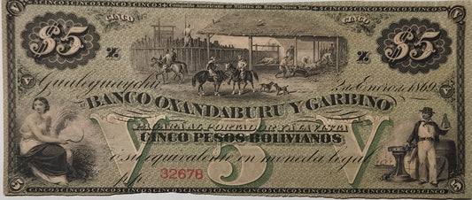 Argentina - 1869 - 5 Pesos Bolivianos - Banco Oxandaburu y Garbino