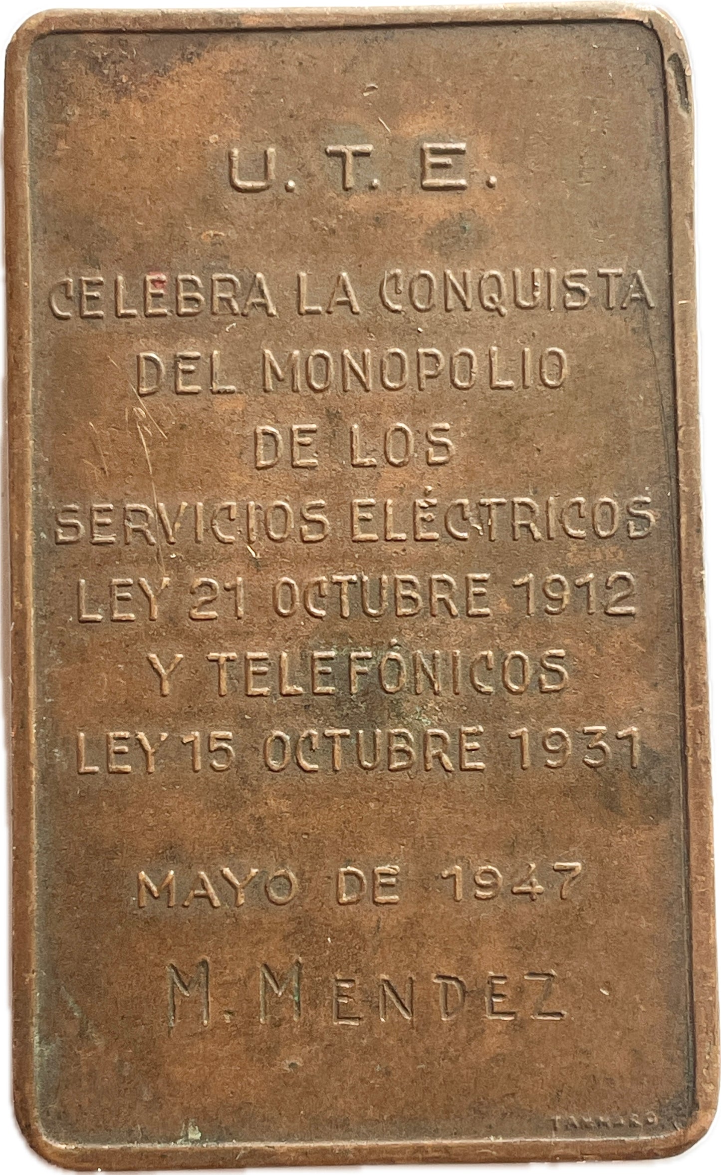 Uruguay - 1947 - Medalla UTE Monopolio integral de servicios telefonicos y electricos