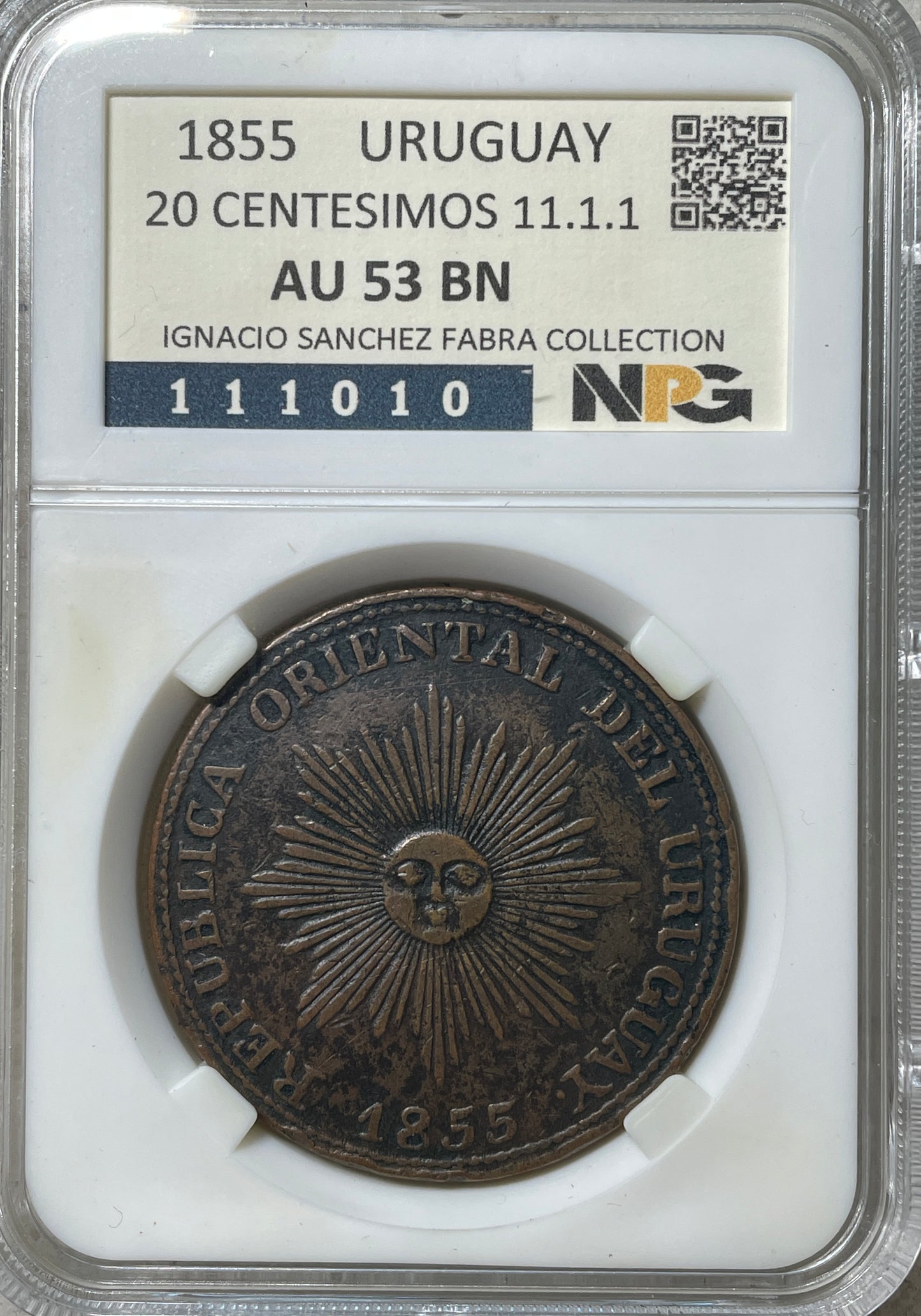 Uruguay - 1855 - 20 Centésimos - 11.1.1 - Certificada NPG AU53