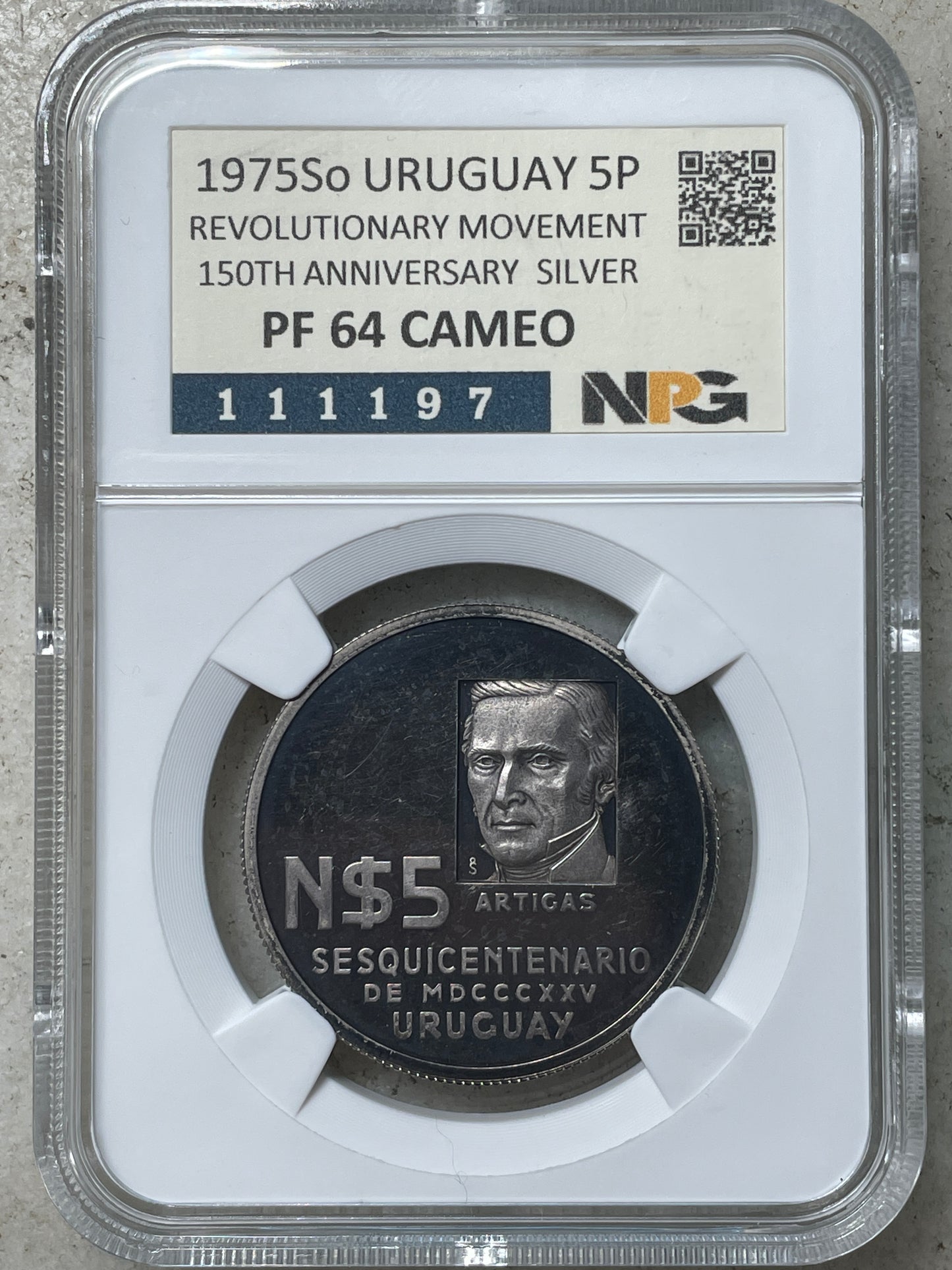 Uruguay - 1975 - 5 Nuevos Pesos - Ensayo en plata - Certificada NPG PF64