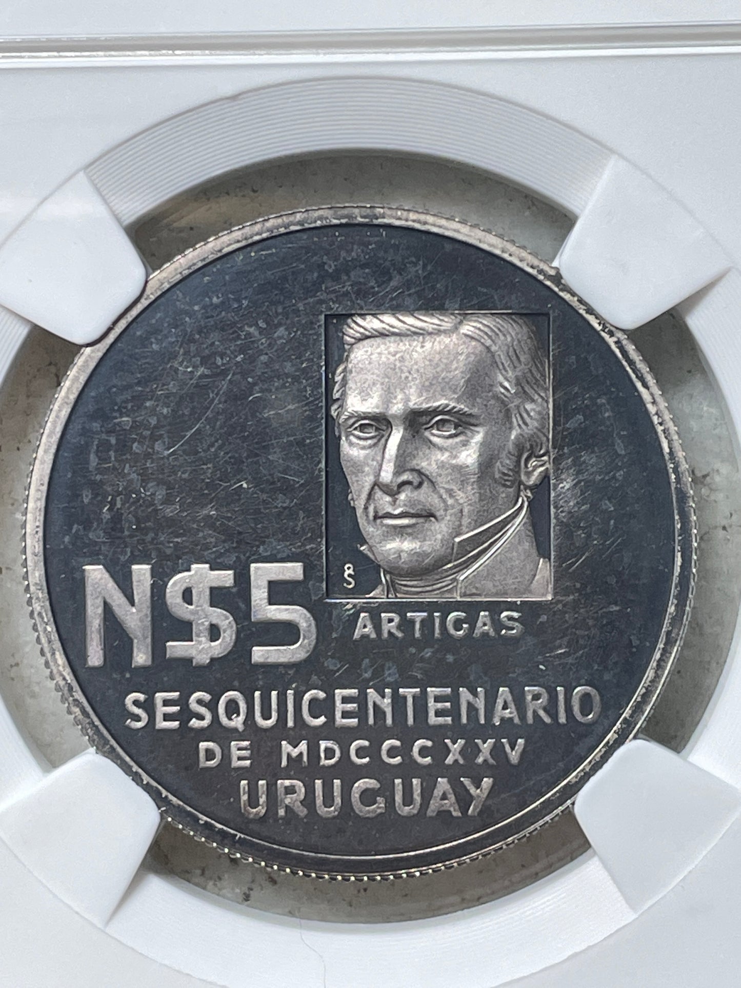 Uruguay - 1975 - 5 Nuevos Pesos - Ensayo en plata - Certificada NPG PF64