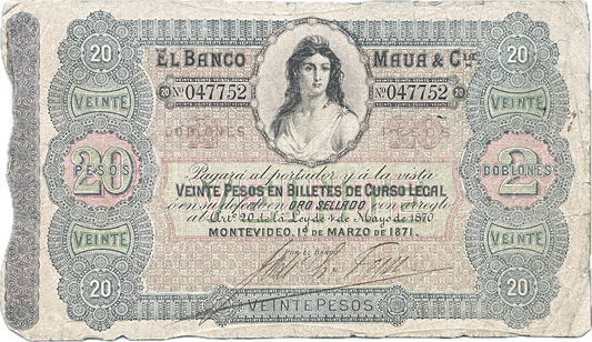 Uruguay - 1871 - 20 Pesos, El Banco Maua & Cia