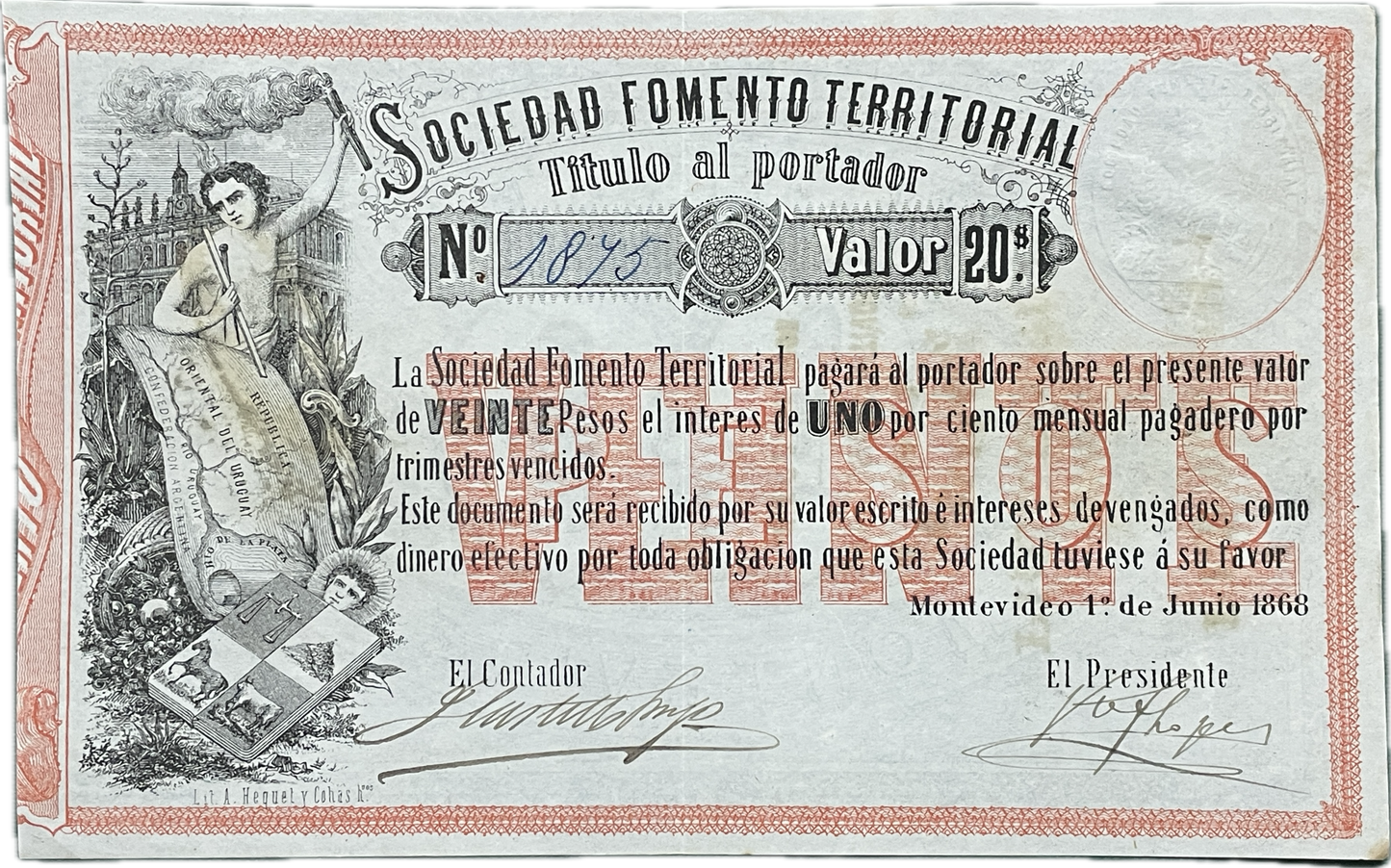Uruguay - 1868 - 20 Pesos, Sociedad Fomento Territorial