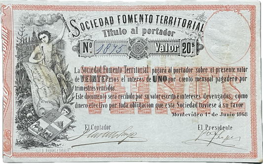 Uruguay - 1868 - 20 Pesos, Sociedad Fomento Territorial
