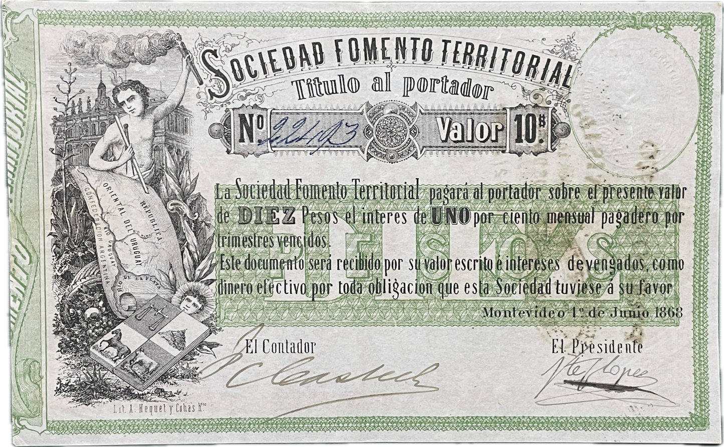 Uruguay - 1868 - 10 Pesos, Sociedad Fomento Territorial