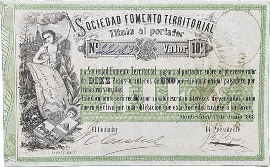 Uruguay - 1868 - 10 Pesos, Sociedad Fomento Territorial