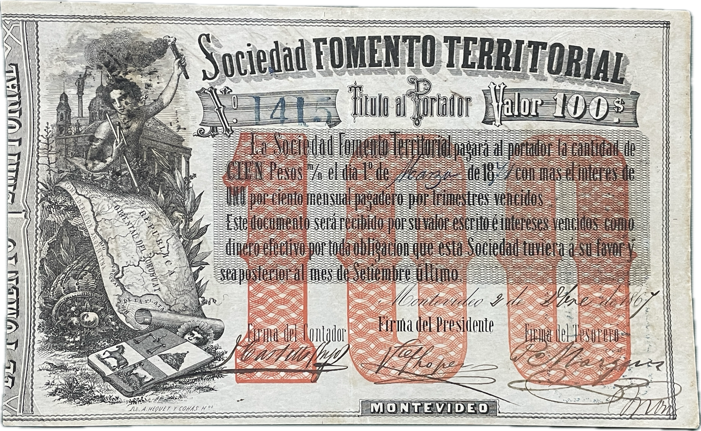 Uruguay - 1871 - 100 Pesos, Sociedad Fomento Territorial