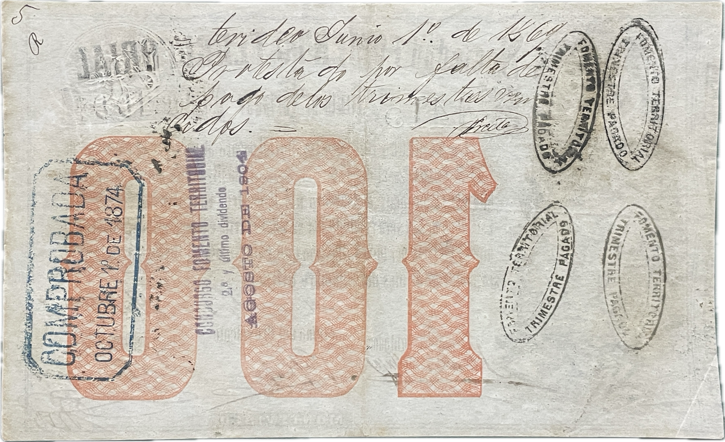 Uruguay - 1871 - 100 Pesos, Sociedad Fomento Territorial
