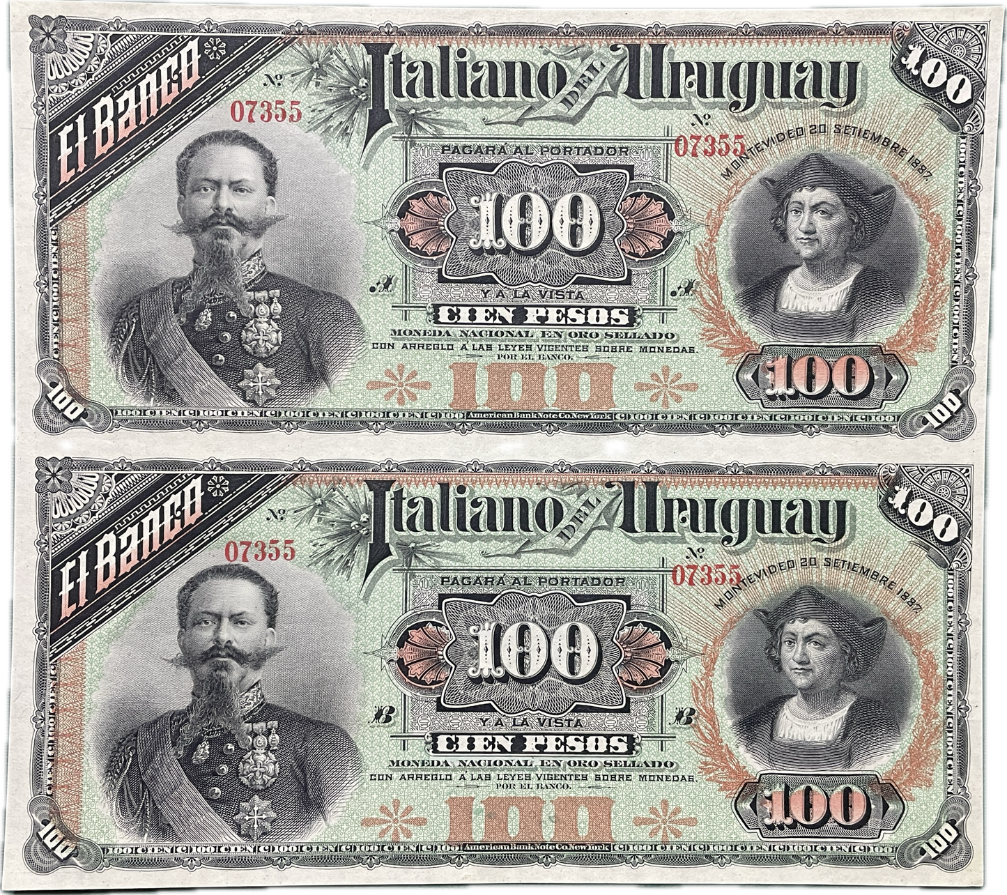 Uruguay - 1887 - 100 Pesos - Plancha de 2 billetes - El Banco Italiano