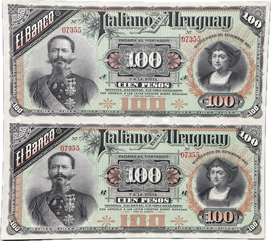 Uruguay - 1887 - 100 Pesos - Plancha de 2 billetes - El Banco Italiano