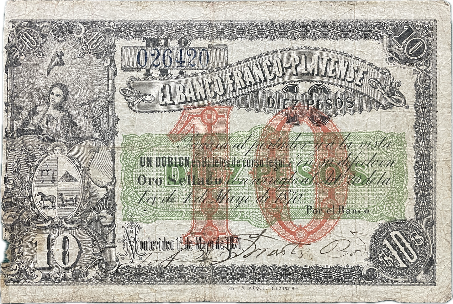 Uruguay - 1871 - 10 Pesos, El Banco Franco-Platense