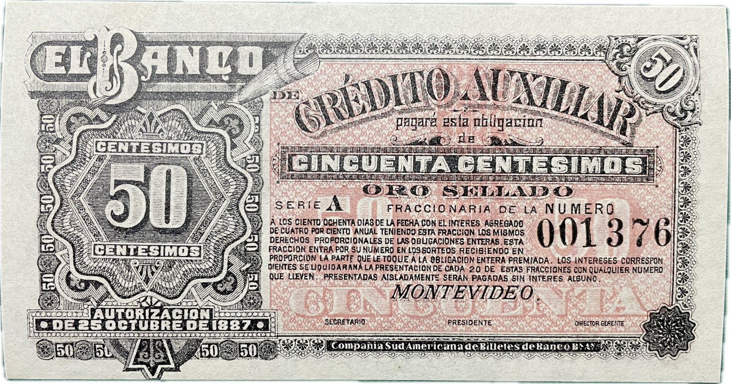 Uruguay - 1887 - 50 Centésimos, Banco de Crédito Auxiliar