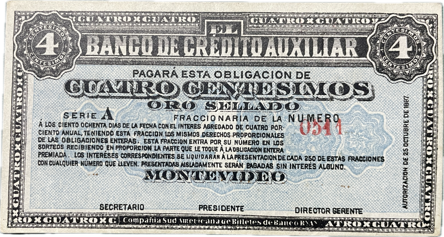 Uruguay - 1887 - 4 Centésimos - Banco de Crédito Auxiliar