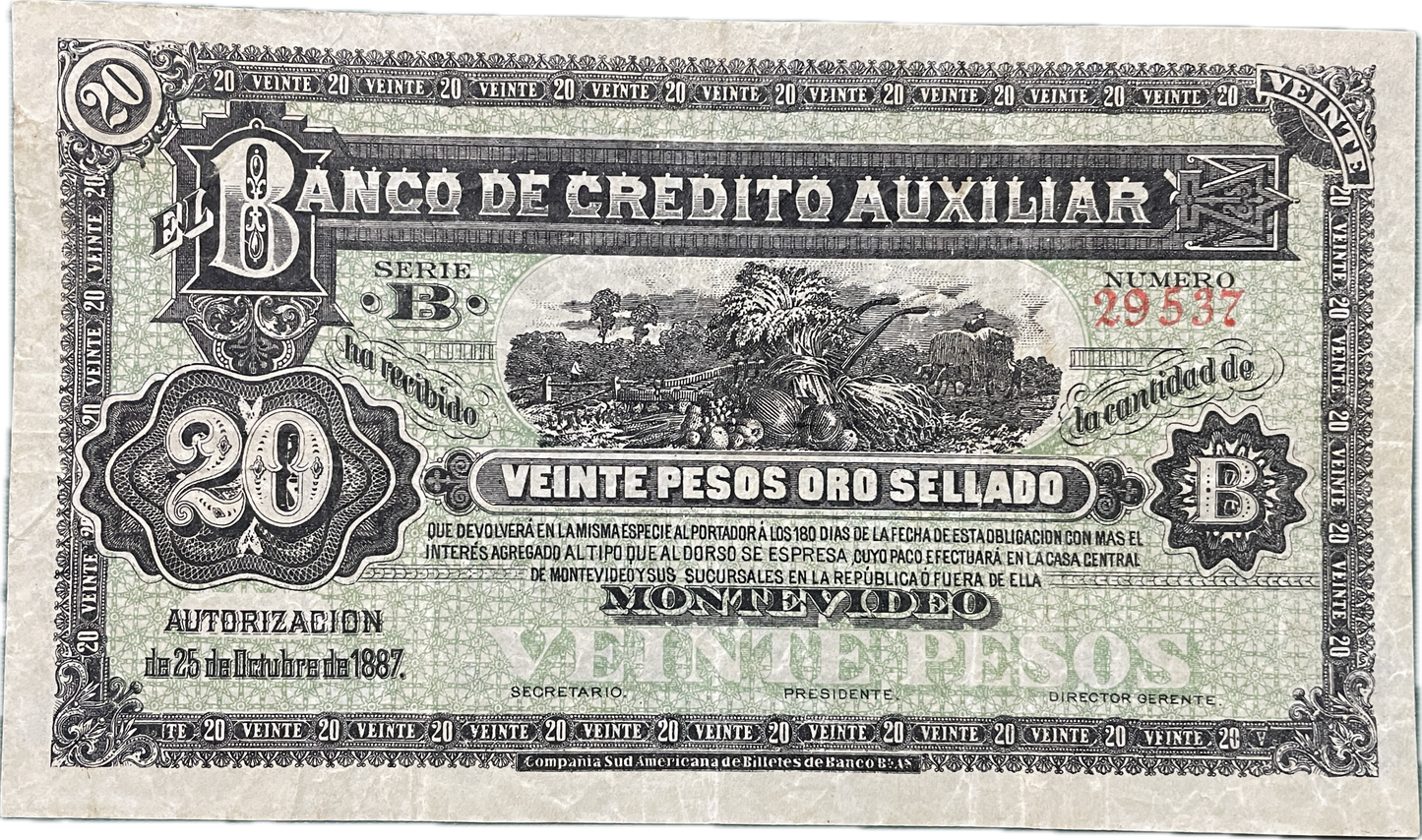 Uruguay - 1887 - 20 Pesos - Banco de Credito Auxiliar - Sin Circular