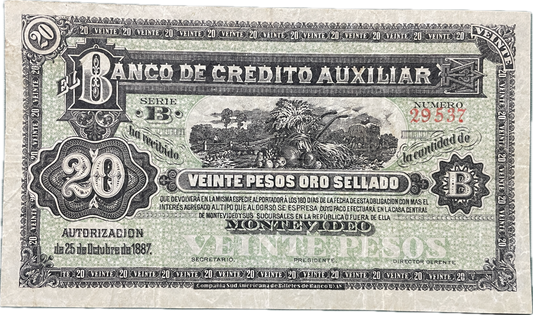 Uruguay - 1887 - 20 Pesos - Banco de Credito Auxiliar - Sin Circular