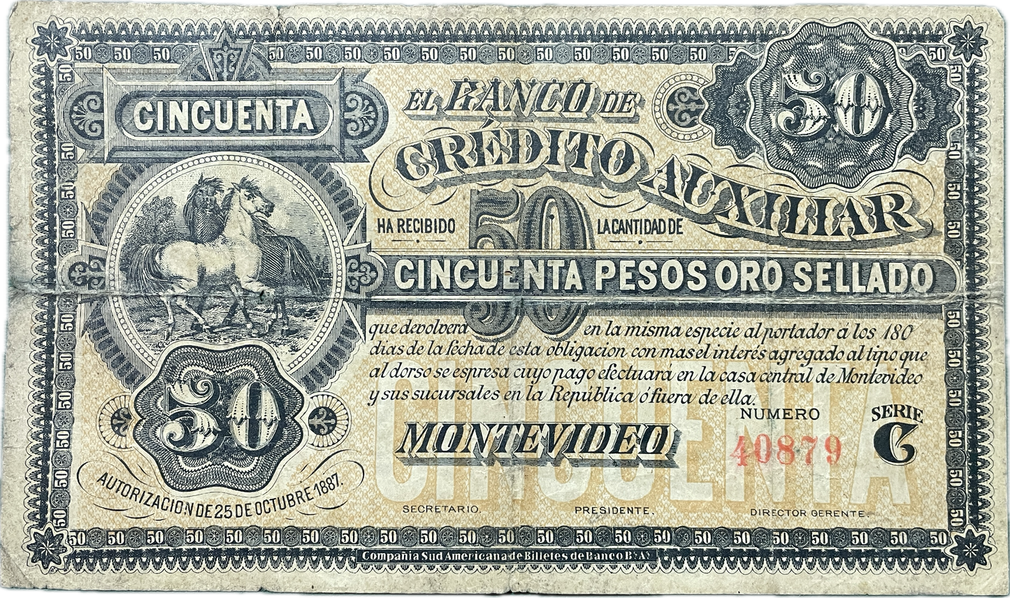Uruguay - 1887 - 50 Pesos, Banco de Crédito Auxiliar