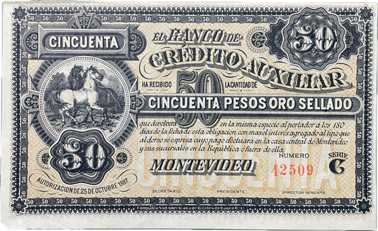 Uruguay - 1887 - 50 Pesos, Banco de Crédito Auxiliar