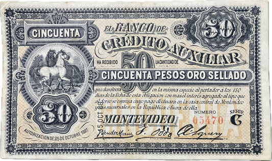 Uruguay - 1887 - 50 Pesos, Banco de Crédito Auxiliar