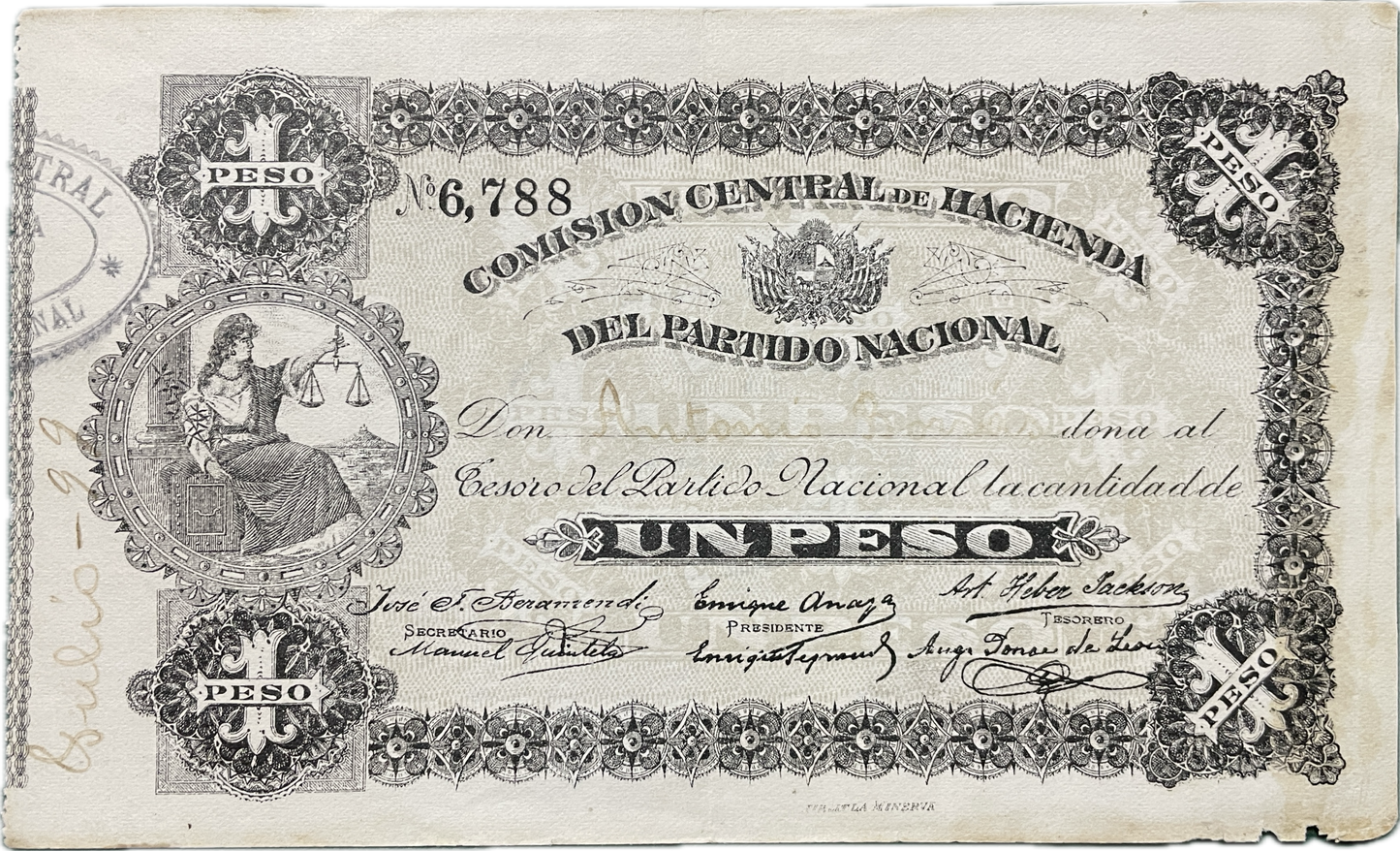 Uruguay - 1907 - 1 Peso, Comisión Central de Hacienda del Partido Nacional