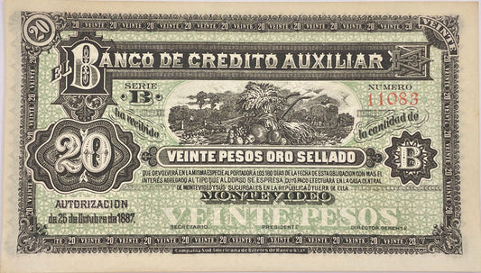 Uruguay - 1887 - 20 Pesos  - Banco de Crédito Auxiliar